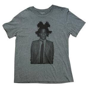 XQSTE Jean-Michel Basquiat T-Shirt Mens Gray Portrait Graphic Print Sz L SLIM
